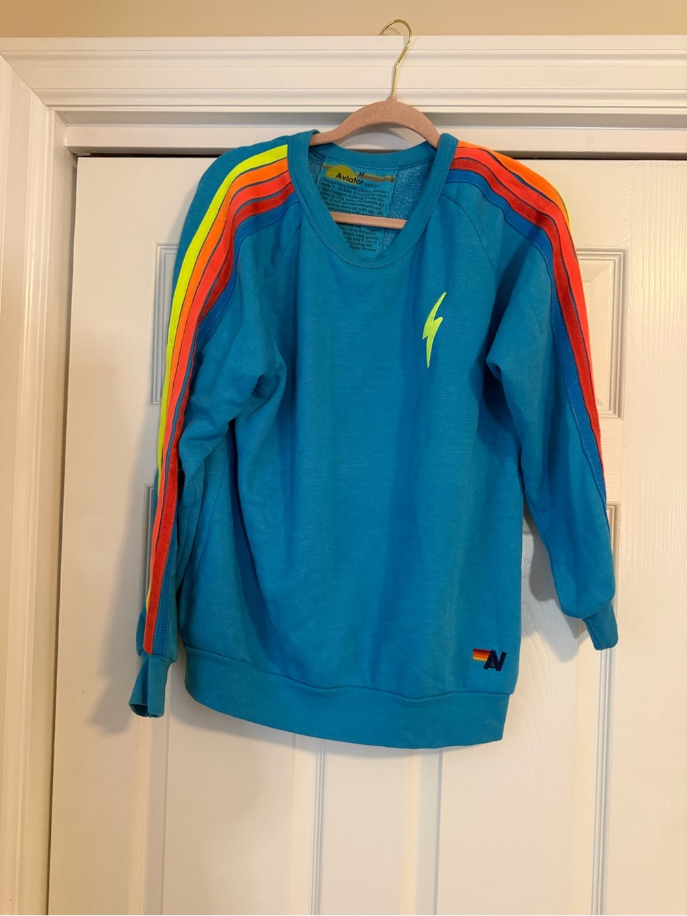 Aviator Nation Teal Crewneck Sweatshirt with Neon Stripe Accents